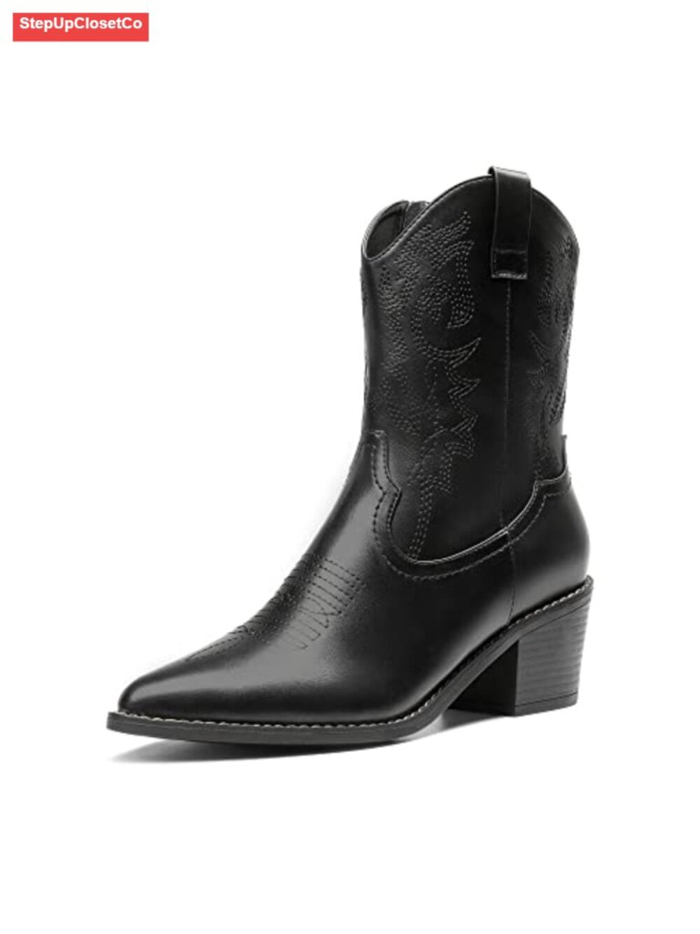 Cowboy Ankle Boots Pointed Toe Chunky Heel PU Leather Zipper Pull-On Western